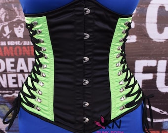 Handmade Black Satin Underbust Corset with Neon Green Accents – Gothic Cyberpunk Fashion