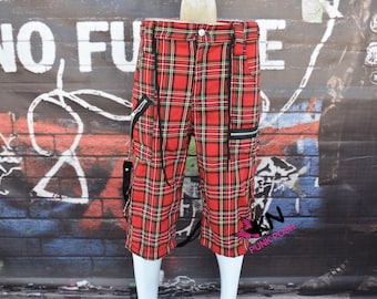 Red Plaid Cargo Shorts | Punk Streetwear Shorts with Zipper Pockets, Gothic Grunge Style
