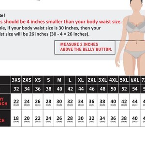 May include: A size chart for corsets, with measurements in inches. The chart includes USA and Europe sizes, body waist sizes, and corresponding corset sizes. Instructions advise measuring 2 inches above the belly button for accurate sizing.