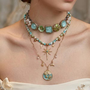 Gelaagde kettingset, barokke parelchoker, mintgroene ketting met stenen kralen, North Star-schelphanger, bohomix-match cadeau voor haar