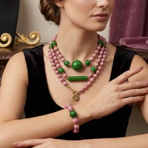 Multi Strand Glasperlen Schmuck Set, Rosa Grün Layered Halskette, Schickes Münzverschluss Armband, Französischer Art Deco Abschlussball Statement Geschenk für Sie