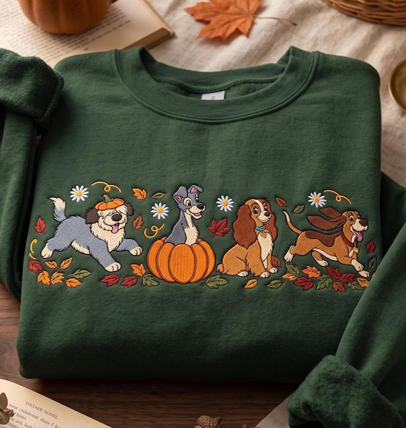 Embroidered Disney Dogs Pumpkin Sweatshirt, Cute Fall Autumn Leaves Dog Lover Shirt, Lady Tramp Copper Max Thanksgiving Day Crewneck Gift