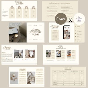 May include: A beige and cream-colored social media report with various charts and graphs. The report includes data from Instagram, Facebook, TikTok, and Pinterest. The Canva and The Social Club logos are also visible.
