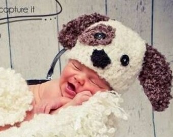 READY TO SHIP-Baby Puppy Crochet Hat-Newborn Photo Prop or Halloween Costume