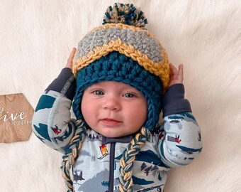 Baby Ski Hat with Goggles Braids Pom--Adorable Ski Bunny Stocking Cap--Perfect Newborn Photo Prop