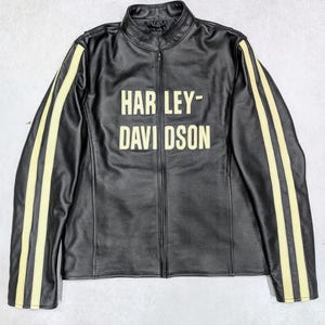 Vintage Harley Davidson Leather Racing Jacket: Yellow Stripe Sleeves