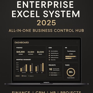 Könnte beinhalten: Ein Laptop-Bildschirm zeigt ein Business-Dashboard mit dem Text "ENTERPRISE EXCEL SYSTEM 2025." Das Dashboard zeigt Finanzdaten, CRM, HR und Projektinformationen. Der Bildschirm zeigt auch eine monatliche Zusammenfassung und Aufgaben-Abschluss-Prozentsätze.