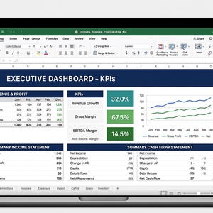 Może przedstawiać: Laptop wyświetla panel biznesowy z danymi finansowymi. Ekran pokazuje przychody, zyski i kluczowe wskaźniki efektywności (KPI), takie jak wzrost przychodów, marża brutto i marża EBITDA. Wykresy i tabele prezentują dane.