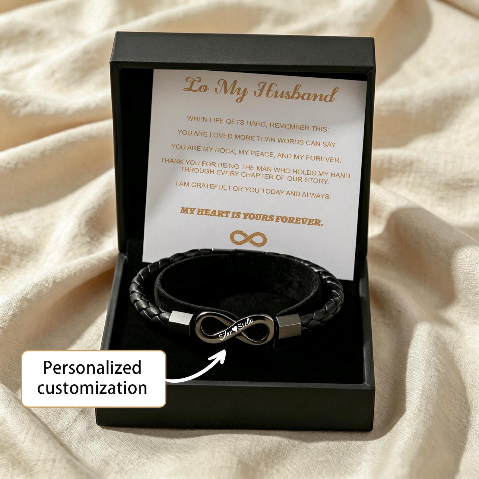 Personalized Infinity Leather Bracelet for Husband,To My Husband Gift Box,Custom Bracelet for Men, Anniversary Birthdays Gift for Him.