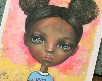 Afro Puffs- art print of mixed media original, children's illustration, cute girl with big eyes