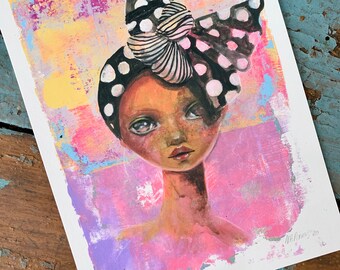 Head wrap fashion girl art print- Polkadot, pop surrealism, distressed, mixed media chic fashionista