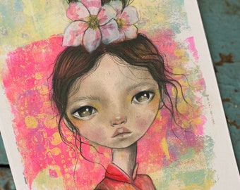 Fine art print of mixed media illustration- Cherry Blossom cute girl children's illustration