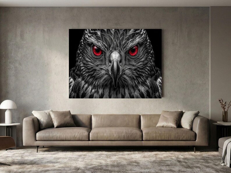 Uhd Hawk 8K UHD Monochrome Hawk Canvas Wall Art, Striking Ruby Red Eyes Raptor ...