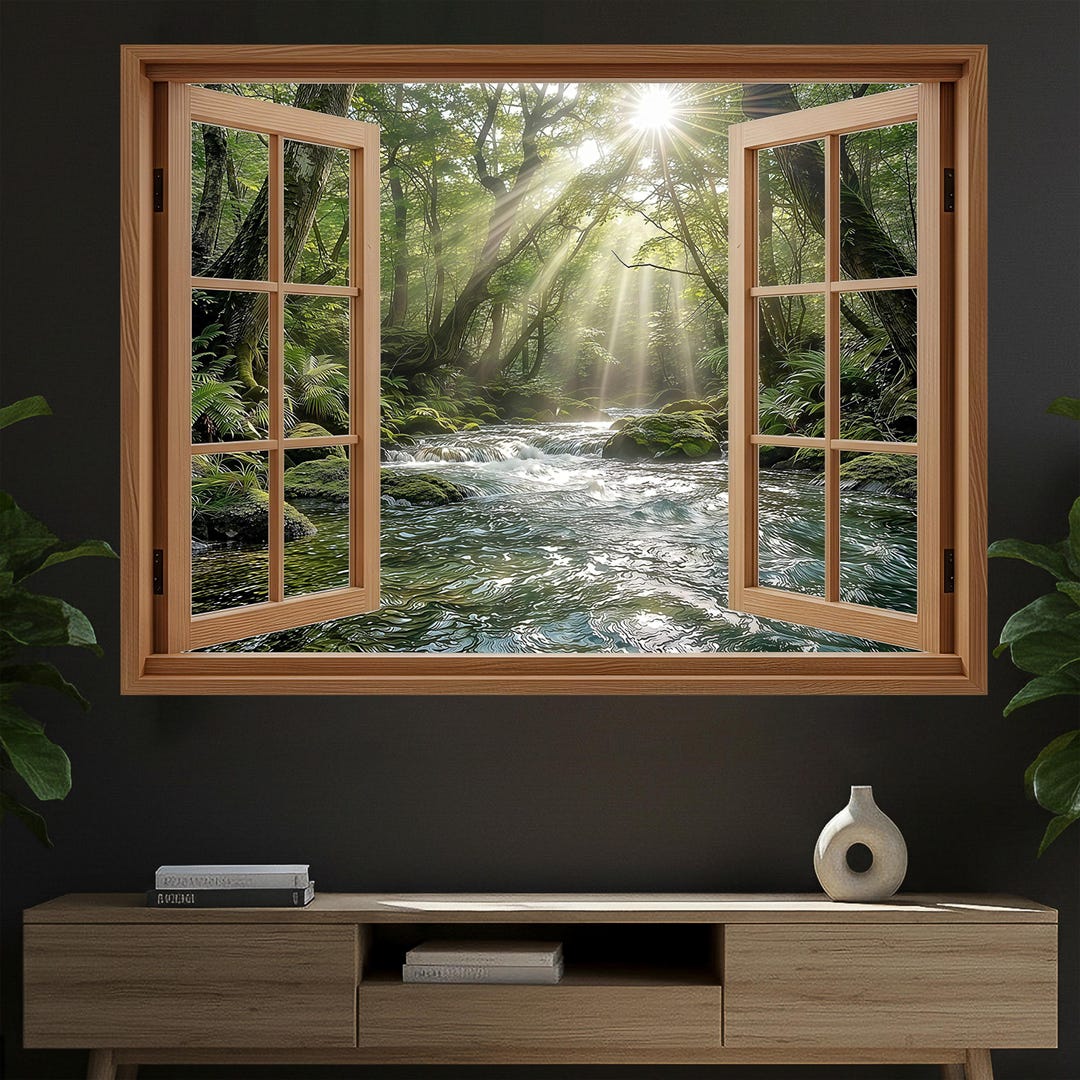 Window Without Ray 8K 14400px Ultra HD Faux Window Art - Sun Rays Forest Stream Canvas ...