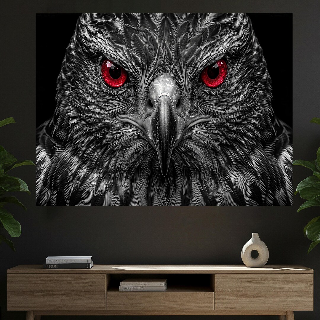 Uhd Hawk 8K UHD Monochrome Hawk Canvas Wall Art, Striking Ruby Red Eyes Raptor ...