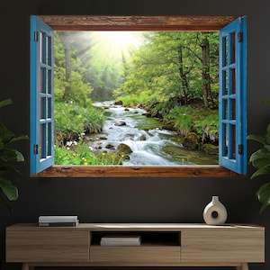 8K 14400px Ultra HD Faux Window Art, Windowless Office Wall Decor, Sun Rays Forest Stream Canvas, 3D Fake Window Illusion