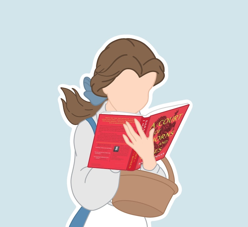 Peut inclure: Illustration d'une personne lisant un livre intitul&eacute; "A Court of Thorns and Roses". La personne porte une chemise blanche, des accents bleus et a les cheveux bruns. Un panier marron est au premier plan. Le fond est de couleur bleu clair.