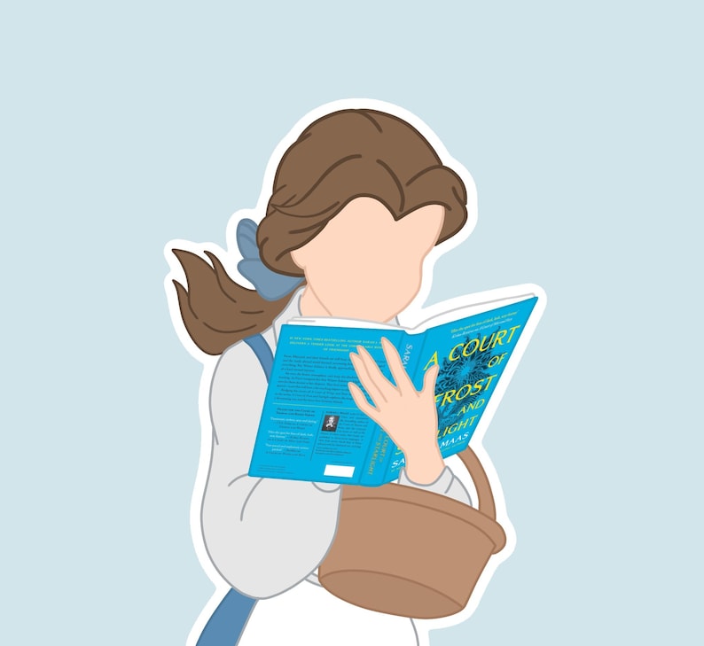 Peut inclure: Illustration d'une femme lisant un livre intitul&eacute; "A Court of Frost and Starlight" de Sarah J. Maas. La femme a les cheveux bruns, un n&oelig;ud bleu et porte une robe blanche avec des bretelles bleues. Elle tient un panier marron.