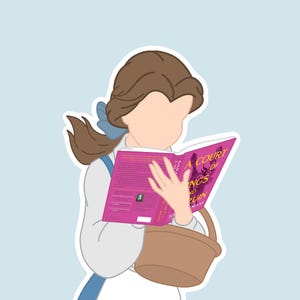 Peut inclure: Illustration d'une femme lisant un livre intitul&eacute; "A Court of Thorns and Roses" avec un panier marron. La femme a les cheveux bruns et porte une robe blanche avec des accents bleus. Le livre est ouvert, affichant du texte et un graphique.