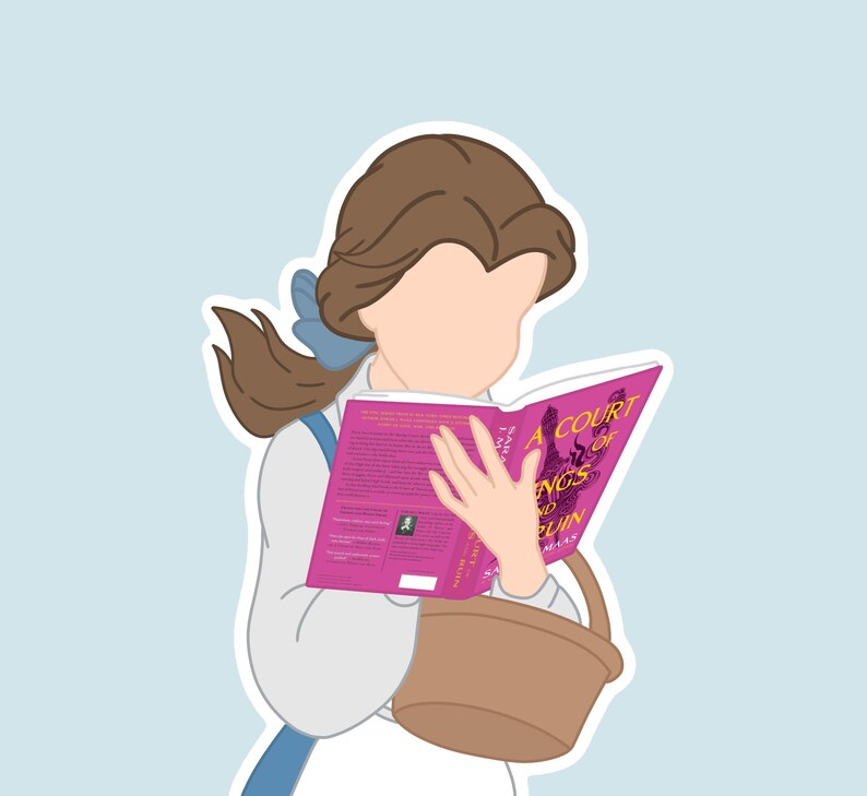 Peut inclure: Illustration d'une femme lisant un livre intitul&eacute; "A Court of Thorns and Roses" avec un panier marron. La femme a les cheveux bruns et porte une robe blanche avec des accents bleus. Le livre est ouvert, affichant du texte et un graphique.