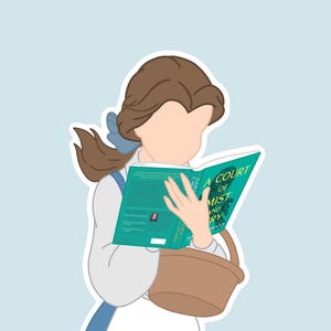 Peut inclure: Illustration d'une femme lisant un livre intitul&eacute; "A Court of Mist and Fury". La femme a les cheveux bruns, un n&oelig;ud bleu et porte une robe blanche avec des accents bleus. Elle tient un panier marron. Le livre a une couverture turquoise.