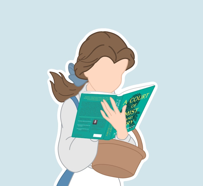 Peut inclure: Illustration d'une femme lisant un livre intitul&eacute; "A Court of Mist and Fury". La femme a les cheveux bruns, un n&oelig;ud bleu et porte une robe blanche avec des accents bleus. Elle tient un panier marron. Le livre a une couverture turquoise.