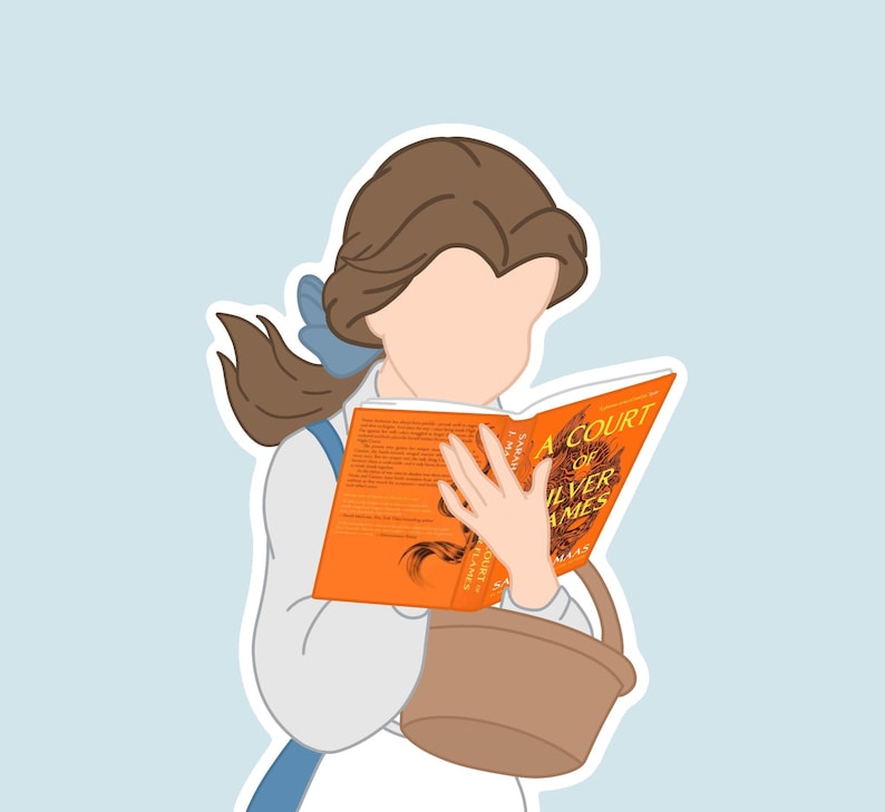 Peut inclure: Illustration d'une personne lisant un livre intitul&eacute; "A Court of Silver Flames". La personne porte une chemise blanche, un n&oelig;ud bleu et tient un panier marron. Le livre a une couverture orange.