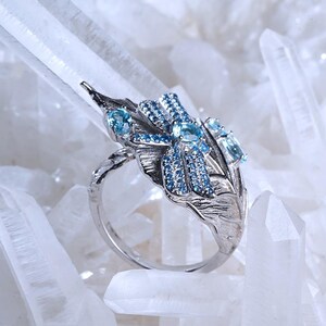 May include: A silver ring with a dragonfly motif, adorned with blue gemstones. The dragonfly sits on a leaf-shaped band. The ring is set against a background of clear quartz crystals.