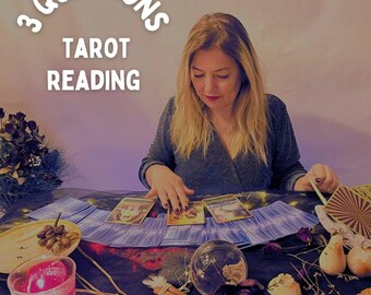 May include: A woman is seated at a table with tarot cards laid out. The text "3 QUESTIONS TAROT READING" is arched above her. The table is decorated with candles, a crystal ball, and other mystical items. The woman is looking at the cards.