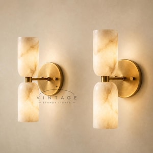 Handmade Double Alabaster Brass Wall Sconce | Mid Century Modern Vanity Light