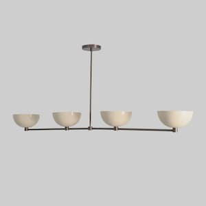 May include: A modern, four-light pendant lamp with a bronze finish. The lamp features four off-white, bowl-shaped shades suspended from a horizontal bar. The fixture is attached to a vertical rod and a circular ceiling mount.