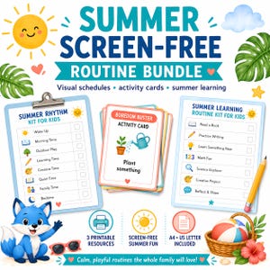 May include: A Summer Screen-Free Routine Bundle featuring visual schedules and activity cards. Includes a Summer Rhythm Kit, a Boredom Buster card with a plant illustration, and a Summer Learning Routine Kit with a yellow pencil and beach basket.