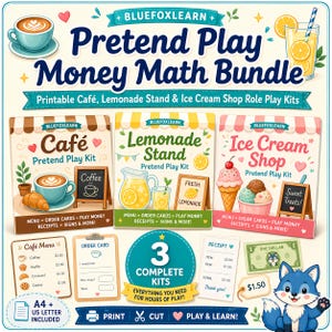 May include: A Bluefoxlearn Pretend Play Money Math Bundle featuring printable kits for a café, lemonade stand, and ice cream shop. Includes menus, order cards, play money, receipts, and signs. The set includes A4 and US letter size options.