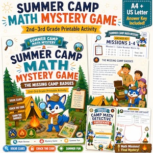 Summer Camp Math Mystery Game, 2nd-3rd Grade Printable Activity, Math Review (Digital Download)
