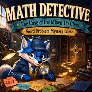 May include: A Math Detective board game box cover featuring a blue fox wearing a detective hat and glasses, holding a magnifying glass. The title reads Math Detective: The Case of the Mixed-Up Clues, Word Problem Mystery Game, with math problems on paper scraps.