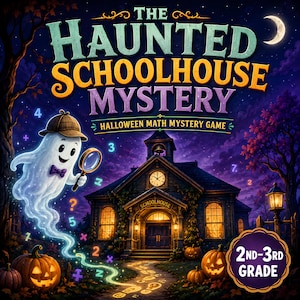 Könnte beinhalten: Das Mathe-Spiel The Haunted Schoolhouse Mystery für die 2nd-3rd grade zeigt einen Geist mit Detektivhut und Fliege, der eine Lupe hält. Im Hintergrund sind ein Schulgebäude, Kürbisse und schwebende Zahlen in einer nächtlichen Szene zu sehen.