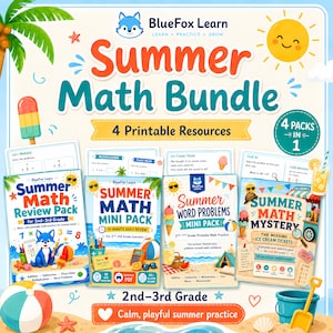 Peut inclure: Un graphique numérique pour un ensemble de mathématiques d'été comprenant quatre ressources imprimables pour les niveaux 2e-3e année. Le design inclut un logo de renard bleu, un soleil souriant, des éléments de plage et des titres thématiques.
