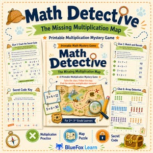 May include: A colorful educational game titled "Math Detective: The Missing Multiplication Map." The game includes various clues, a secret code key, and a map puzzle. Designed for 2nd-3rd grade learners, it features a treasure chest graphic and multiplication practice.