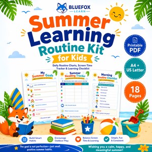 May include: A Summer Learning Routine Kit for Kids printable PDF featuring three charts: My Summer Goals, Summer Reading Tracker, and Morning Routine Checklist. The design includes a fox mascot, beach elements, and 18 pages in A4 and US Letter sizes.