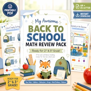 Puede incluir: Un paquete de repaso de matemáticas en PDF imprimible para 2º y 3º de primaria titulado My Awesome BACK TO SCHOOL MATH REVIEW PACK. La portada muestra un zorro de dibujos animados leyendo un libro, libros apilados, un portalápices y una mochila.