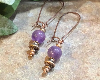Amethyst Dangle Earrings, Copper Boho Jewelry