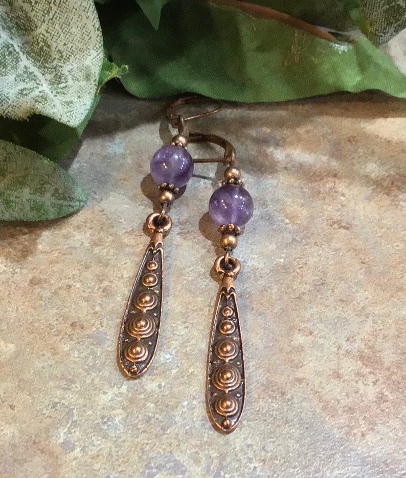 Boho earrings Amethyst and Copper Dangle Earrings February birthstone