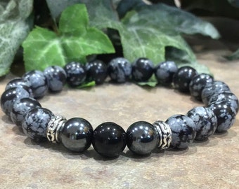 Black Onyx, Hematite, Snowflake Obsidian Gemstone Bracelet