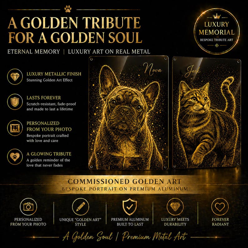 May include: Two golden art portraits of a dog and a cat, named "Nova" and "Jack". The portraits have a gold metallic finish on a black background. The image includes the text "A Golden Tribute for a Golden Soul" and "Commissioned Golden Art".