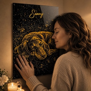 May include: A black and gold pet portrait of a dachshund dog. The name "Sunny" is written in gold script above the dog. The image has a textured, artistic style, with gold accents and a dark background.