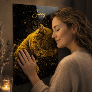 以下が含まれることがあります： 黒と金の壁掛けアートで、眠っている猫のイラストが描かれています。「Sunny」の文字は金色の筆記体で書かれています。このアートワークは壁に飾られています。