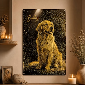 May include: A gold-toned metal sign featuring a Golden Retriever. The dog is depicted in a sitting pose against a black background with a glitter effect. The name "Bailey" is written above. A decorative item for pet owners.