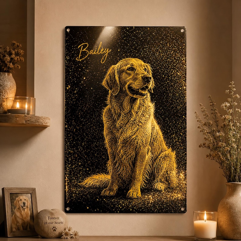 May include: A gold-toned metal sign featuring a Golden Retriever. The dog is depicted in a sitting pose against a black background with a glitter effect. The name "Bailey" is written above. A decorative item for pet owners.