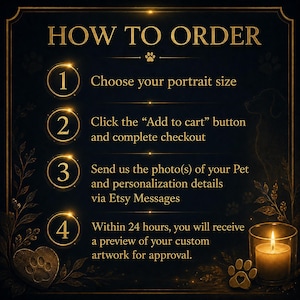 May include: A dark image with gold text detailing the ordering process for a custom pet portrait. Instructions include choosing a size, adding to cart, sending photos, and receiving a preview. A candle and paw prints are shown.