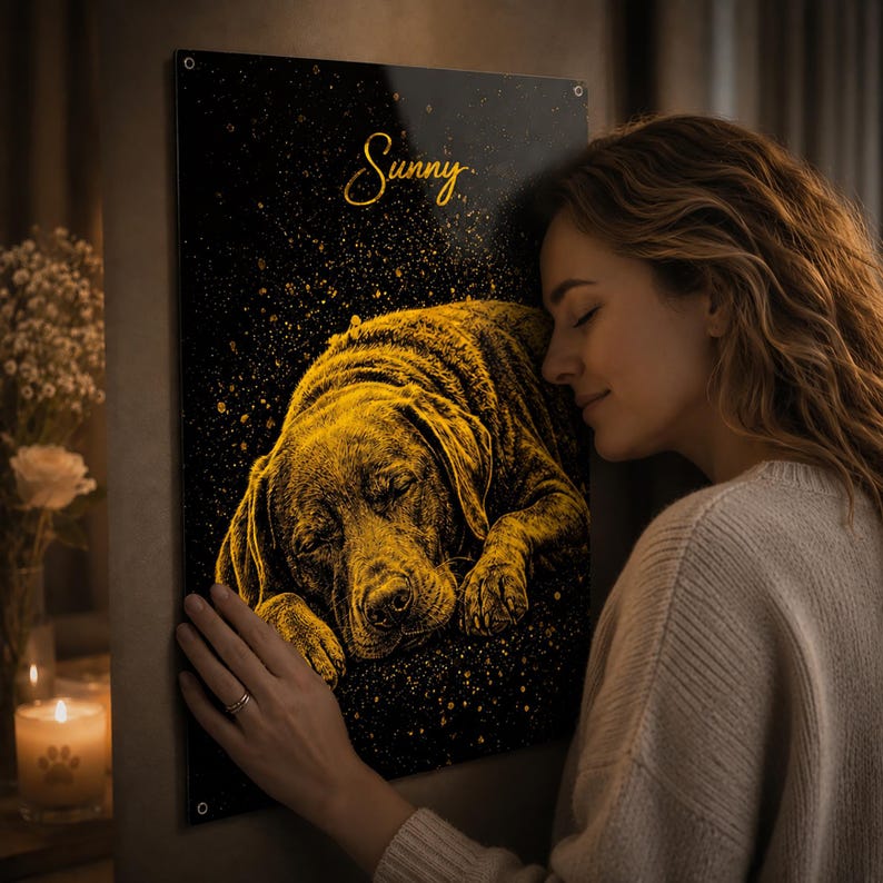 May include: A black and gold pet portrait of a sleeping dog, with the name "Sunny" in script. The artwork has a textured, glowing effect, creating a warm aesthetic. The portrait is displayed on a wall, with a person's arm and face visible.